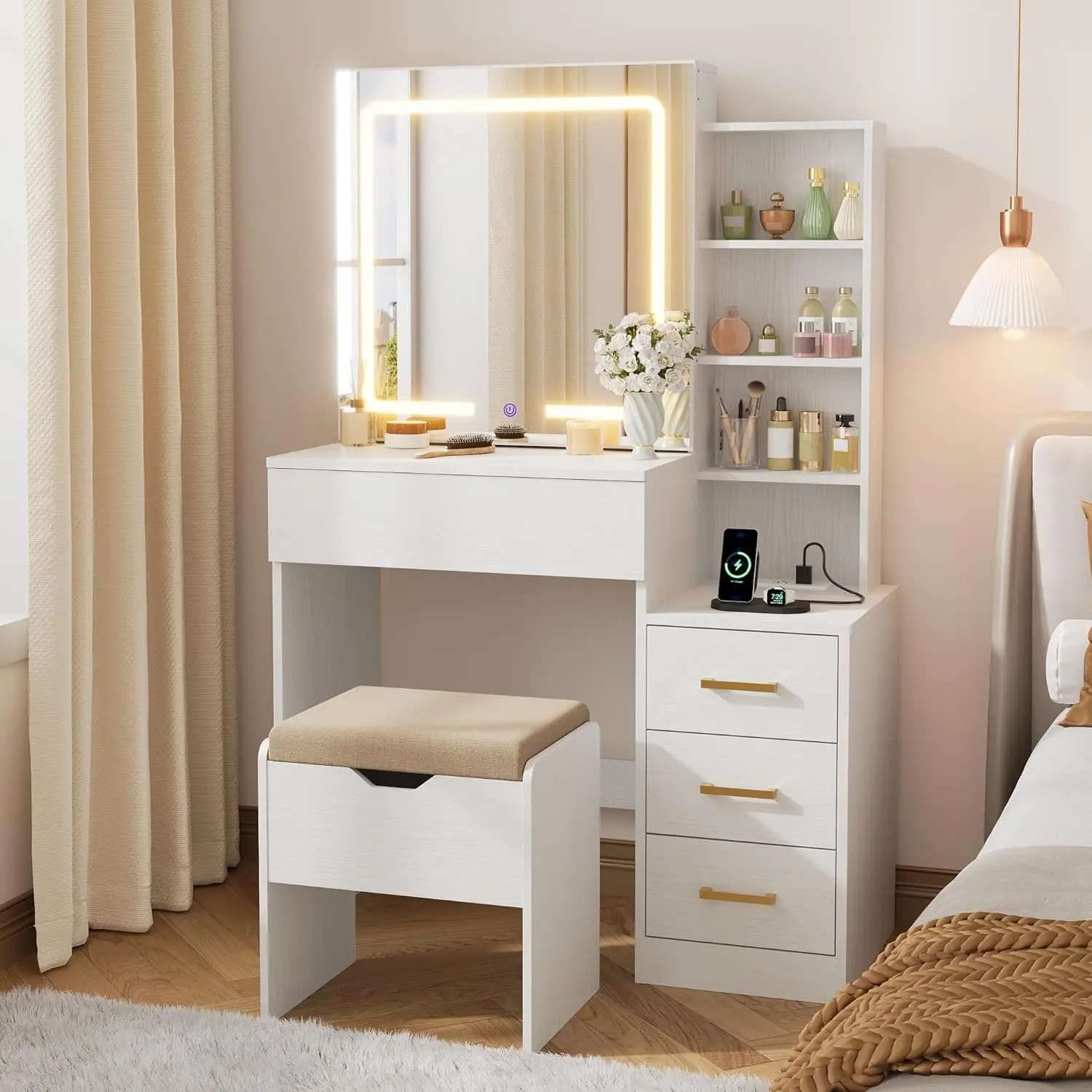 Garvee Modern Rectangular Engineered Wood Lighted Vanity Desk with Sliding Mirror, 3-Color Adjustable LED Lights, 4 Drawers, 7 Storage Shelves, Cushioned Stool, Built-in Charging Station, Power Outlet - Elegant Bedroom LED Vanity Dresser