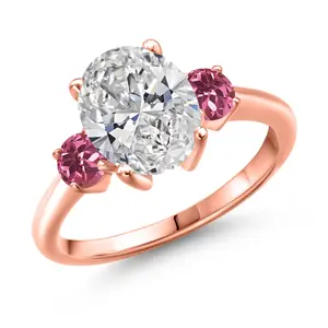 Gem Stone King 2.50 cttw IGI Certified Lab Grown Diamond and Pink Tourmaline 3-Stone Engagement Ring For Women | 18K Rose Gold Plated Silver | Center 2.00 Ct Diamond | D-E Color | VS1-VS2 Clarity