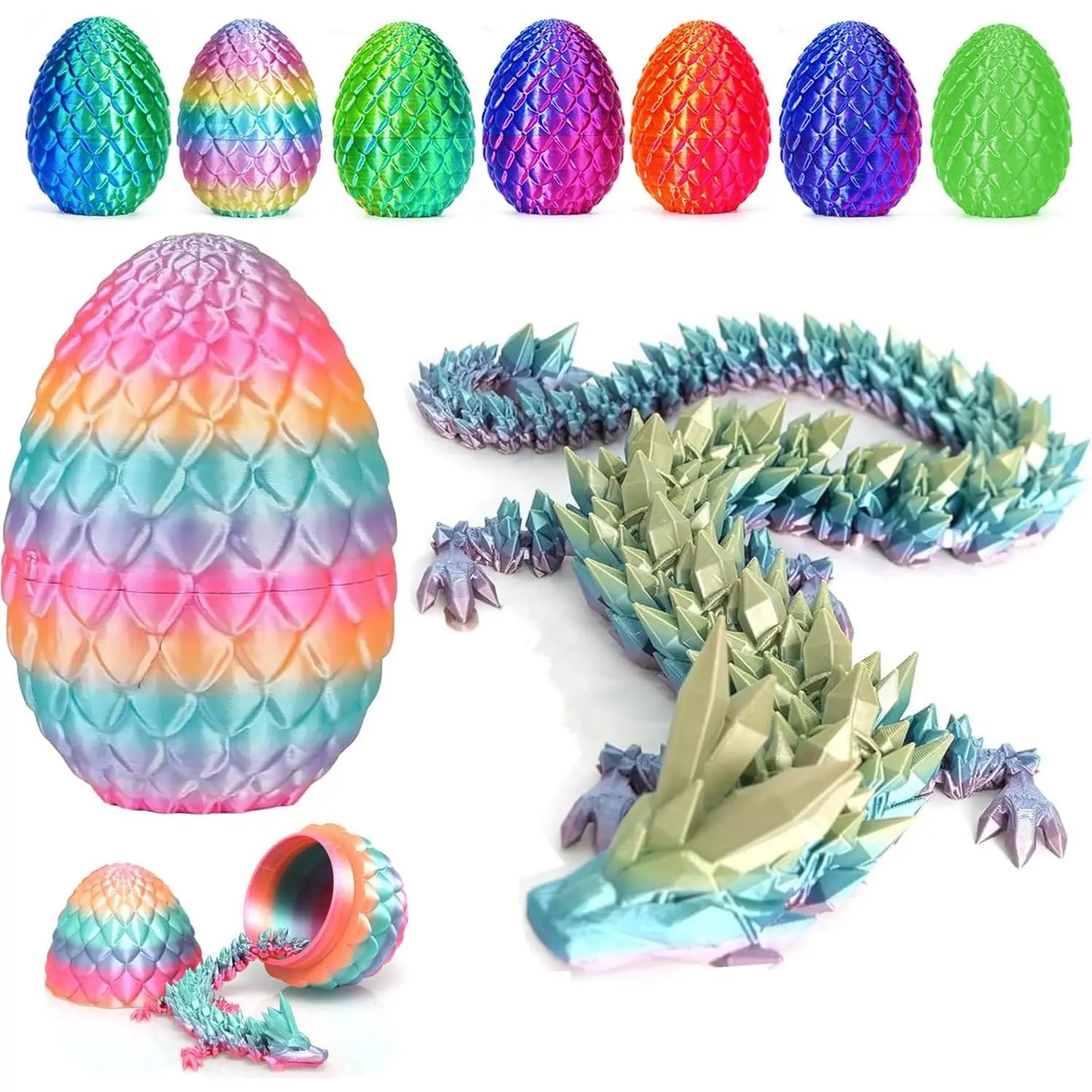 3D Printed Dragon Eggs with Dragon Inside,12inch Flexible Fidget Dragon Toys,3D Printed Dragon Egg with Articulated Dragon Inside for Autism/ADHD Easter Toys Gifts(RainbowMulti)