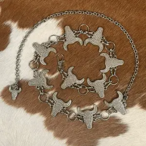 Women’s Western Style Rhinestone Bull Head Concho Chain Belt Size 28-42