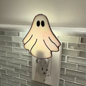 Iridescent Pearly White Stained Glass Ghost Nightlight with White, Orange Flickering or Purple Light Bulb- Handmade!