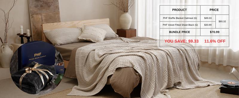 PHF 100% Cotton Weave Waffle Blanket & PHF Truly Velvet Fitted Sheet, Bedding Set for Winter