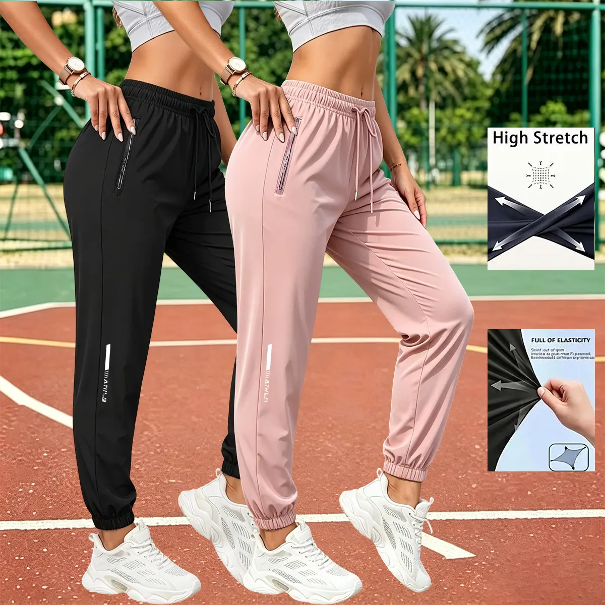 Women’s summer two-pack casual athletic long pants with prints; elastic cuffed joggers/sweatpants for fitness, yoga, running, and outdoor cycling; women’s sports long pants