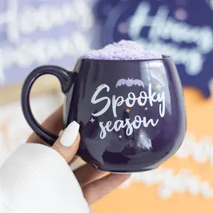 Spooky Season Mug and Fuzzy Socks Set - 17oz Purple Ceramic Mug with Cozy Lilac Socks - Microwave & Dishwasher Safe - Perfect for Halloween