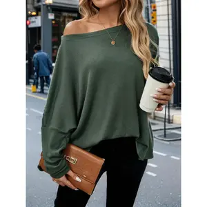 Women’s solid-color waffle-knit T-shirt, spring and autumn casual batwing-sleeve tee, everyday women’s top, knitted fabric