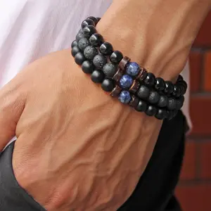 3 pieces/set 8Mm/0.31 inches, beads, natural stone, beaded bracelet, triple protection charm stretch lapis lazuli bead bracelet bracelet, casual dark design handmade jewelry, for men, suitable for daily wear, gifts for fathers and boyfriends