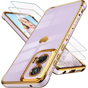 for Motoro Moto-G-Stylus-5G-2024 Case with 2X Screen Protector, for Girl Women Cute Girly Love-Heart Luxury Gold Soft Cover Camera Protection Bumper Silicone Shockproof Phone Case(Purple