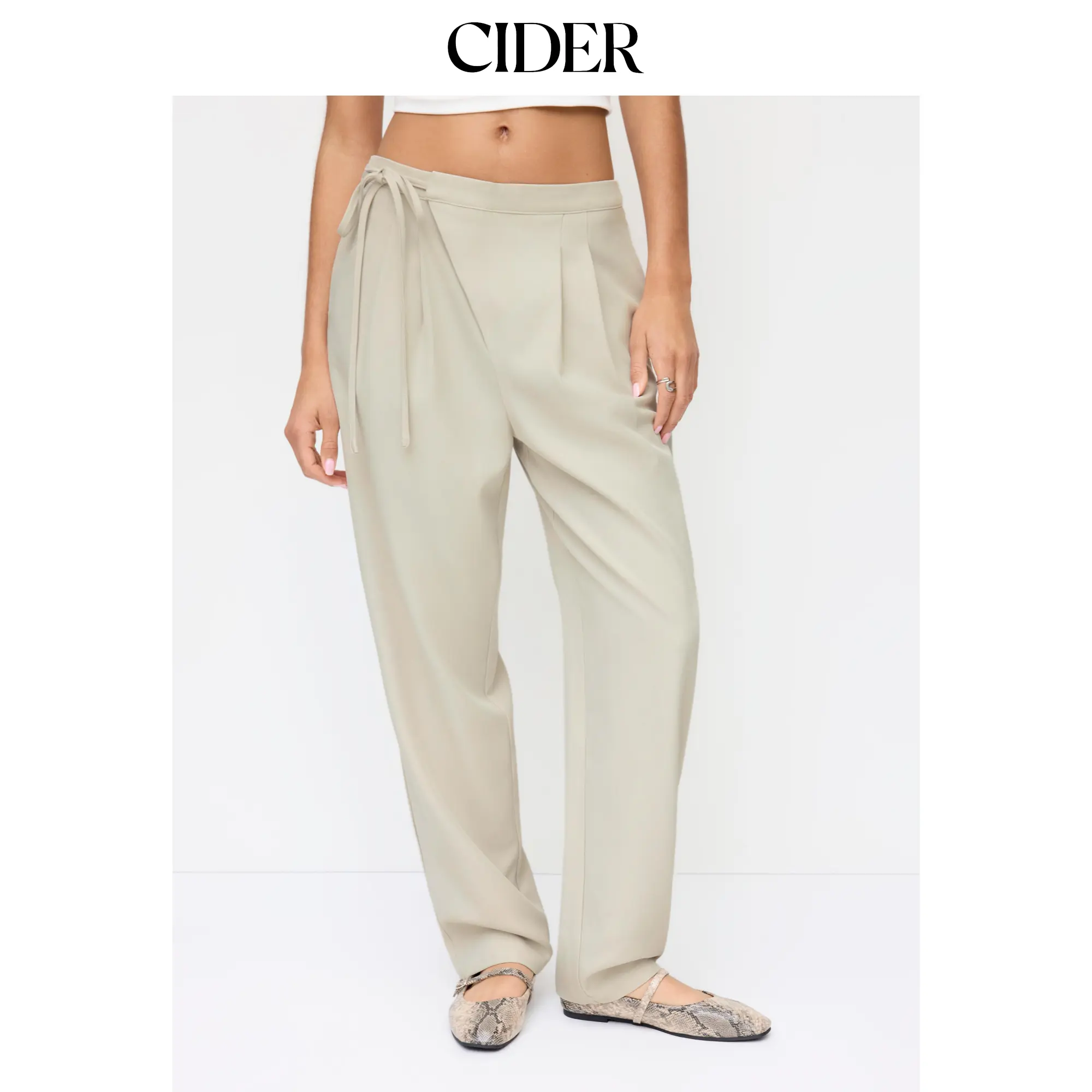 Cider Mid Rise Tapered Trousers With Drawstring Waist, Pants, Women, Basic, Casual, Mid Rise Pants, Everyday, Full Length, Bottoms, Slim Taper