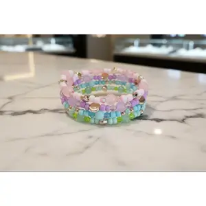 Bracelet - 4 coil Pink, purple, blue, and green beads with  rose gold spacer beads memory wire bracelet