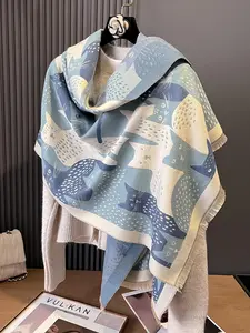 Women's Colorblock Cat Print Tassel Detail Scarf, Casual Soft Warm Shawl for Fall & Winter, Fashion Accessories for Daily Wear, Boho Style Shawl