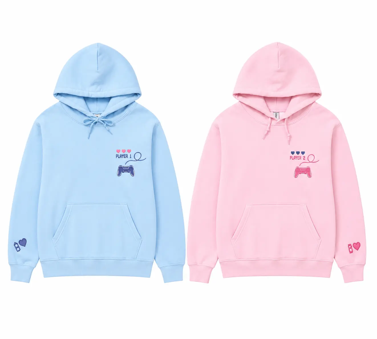 Custom Embroidered Gamer Hoodies for Couple — Player 1 Player 2 Matching Hoodie Gamer Matching Valentine Gift