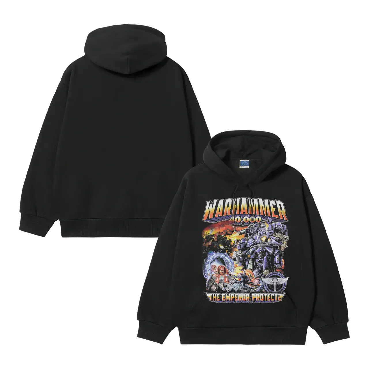 Warhammer 40K "For the Emperor" Heavyweight Vintage Hoodie Cotton Blend Classic Anime Sweatshirt Menswear Tops Pullover Long Sleeve Casual Biker Black Slogan Print Crewneck Wetsuit