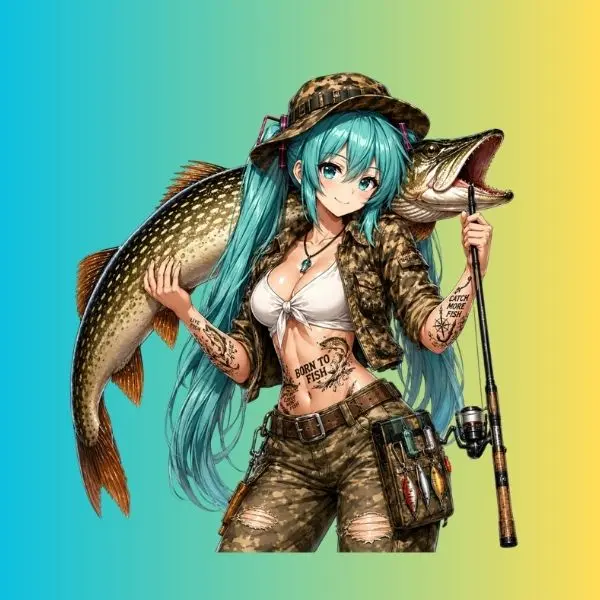 Hatsune Miku Fishing Girl Sticker, Giant Muskie Trophy Vinyl Decal, Outdoor Angler Waterproof Sticker, Gift for Fishing Lovers