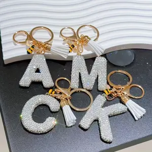 Women's Rhinestone Initial Keychain (A-Z) - Cute Bee Charm, Tassel Accessory, Lucky Fashion Add-On, Keychain for Car Keys, Backpack Accessory