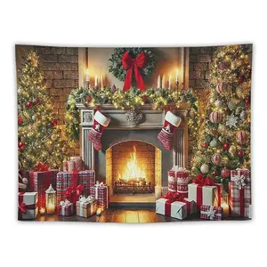 Fireplace Gift Christmas Tapestry Burning Fireplace Wreath Bow Colorful Gift Boxes Red and White Stockings Brick Wall for Vintage Warmth
