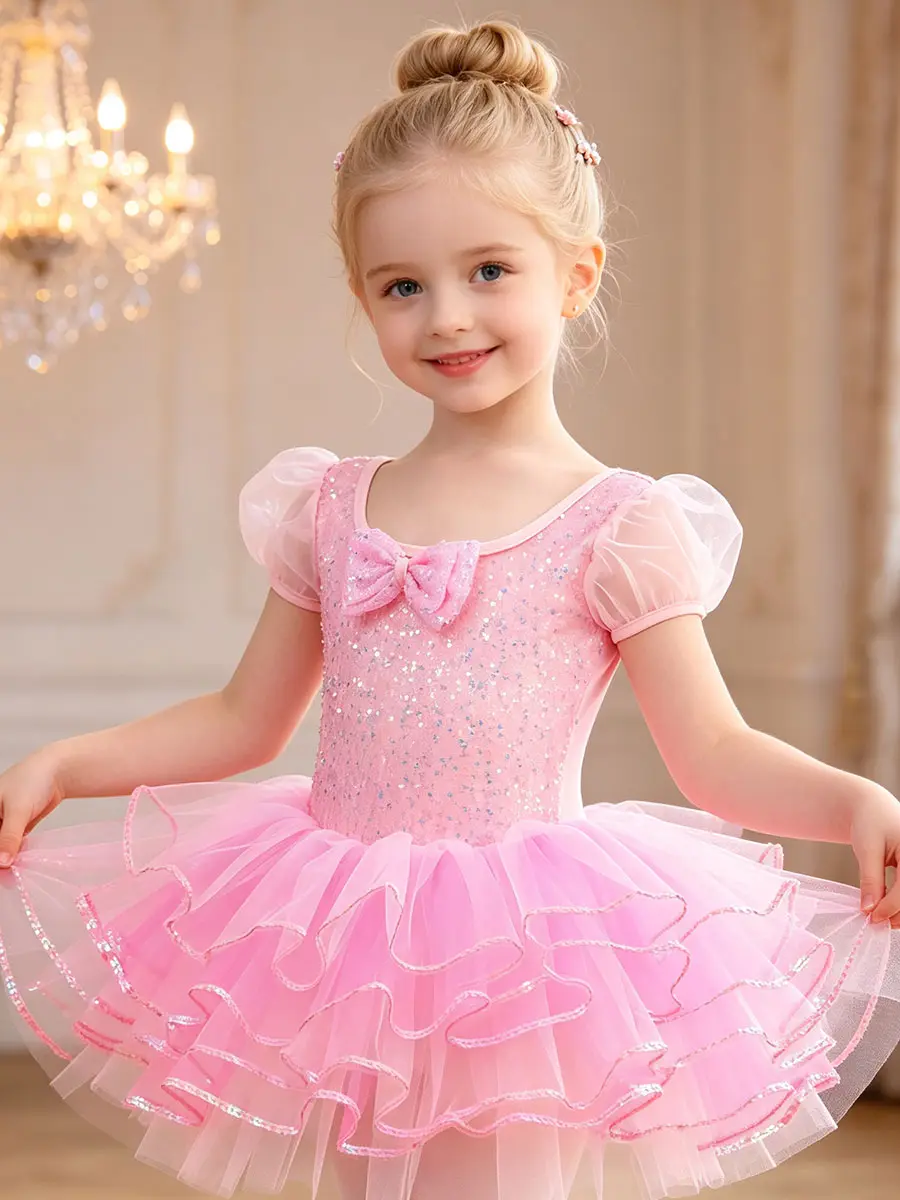 Girls' Slim-Fitting Crew Neck Tutu Dress - Kids Clothing Girls Lovely Bow Dress, Casual Puff Sleeve Ballerina Costume with Layered Glitter Tulle Skirt, Sequin Bow, All Seasons, Hand Wash Only