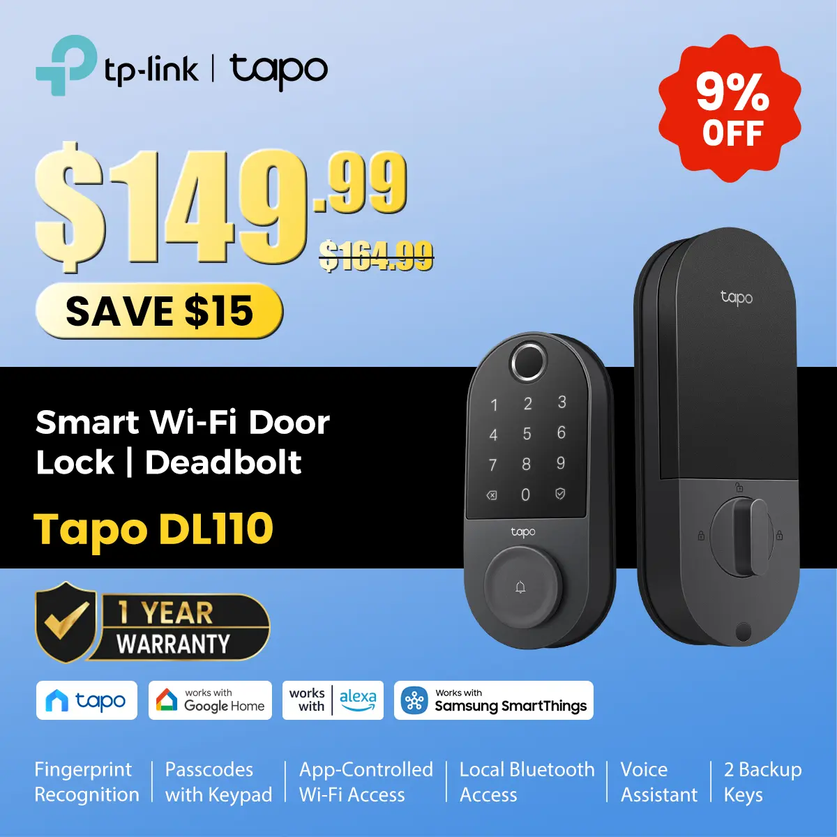 TP-Link & Tapo DL110 Smart Door Lock|6 Ways Unlock|1-Yr Battery|IP65 Stormproof|Built-in Doorbell|Scheduled Access|BHMA Grade 2 TP-Link & Tapo DL110 Smart Door Lock|6 Ways Unlock|1-Yr Battery|IP65 Stormproof|Built-in Doorbell|Scheduled Access|BHMA Grade 2