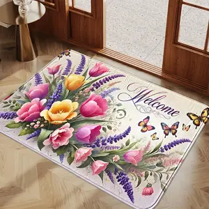 Vintage Tulip Welcome Mat, Floral Butterfly Non-Slip Rug, Home Entrance Durable Absorbent Carpet, Living Room Bedroom Doorway Decor