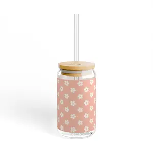 Retro Pink Glass with White Flowers Sipper Glass with Lid and Straw, 16oz
