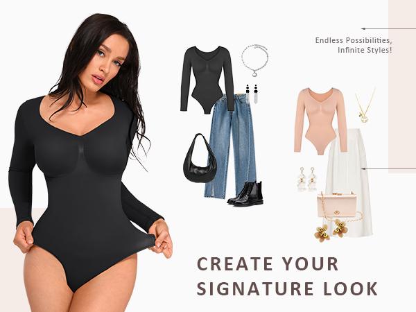 FeelinGirl Womenswear Seamless Long Sleeve Thong Bodysuit for Tummy Control V Neck Going Out Fabric Comfortable Deals For You Days