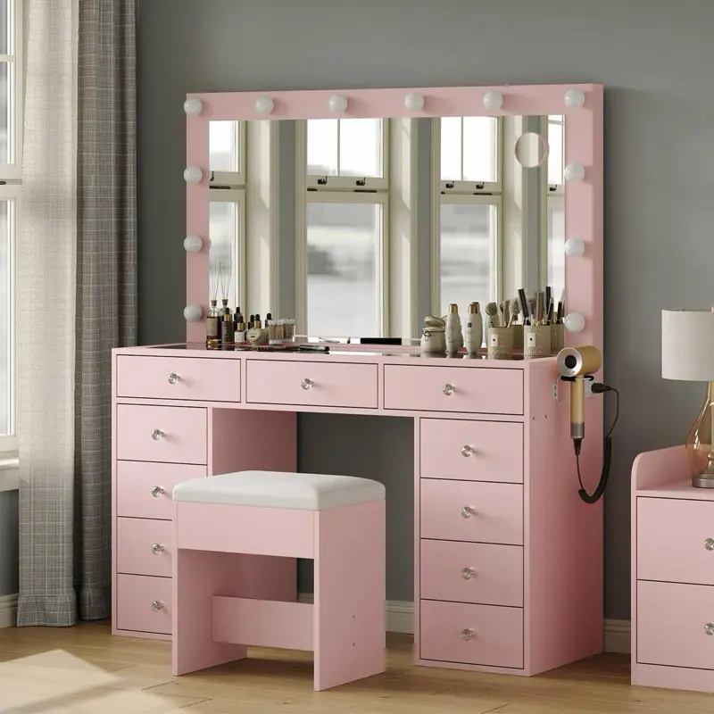 Affordable 13-Drawer Vanity Desk with Mirror, 13 LED Bulbs, Glass Top & Power Outlet * Shipping is not free *