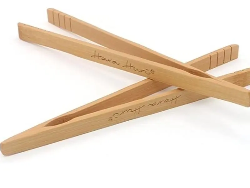 Bamboo Toaster Tongs - Set of 2 Reusable Heat Resistant Wooden Toast Tongs - 8 Inch Long Natural Wood Kitchen Utensil for Serving - HaraHuri Square