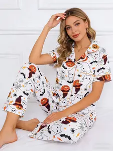 Cute White Halloween Cartoon Print Pajama Set Women, Button Down Short Sleeve Long Pants, Spring Summer Homewear, Ghost Pumpkin Print, Spooky Aesthetic Loungewear