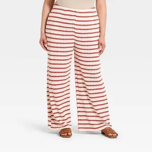 Women's Casual Textured Pull-On Pants - A New Day Cream/Red 2X