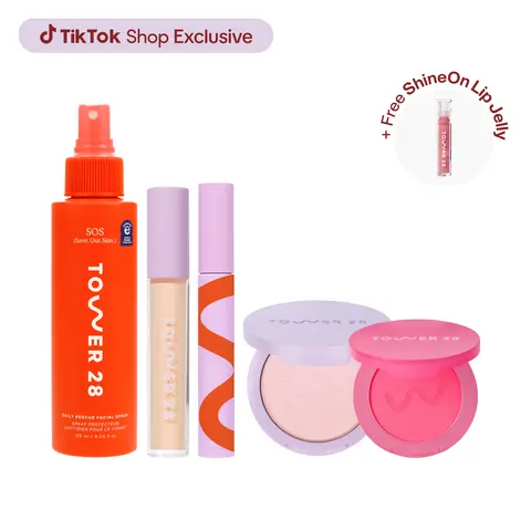 Tower 28 Full Routine Set: SOS Spray, Concealer, Setting Powder, Blush, Mascara & FREE Lip Jelly
