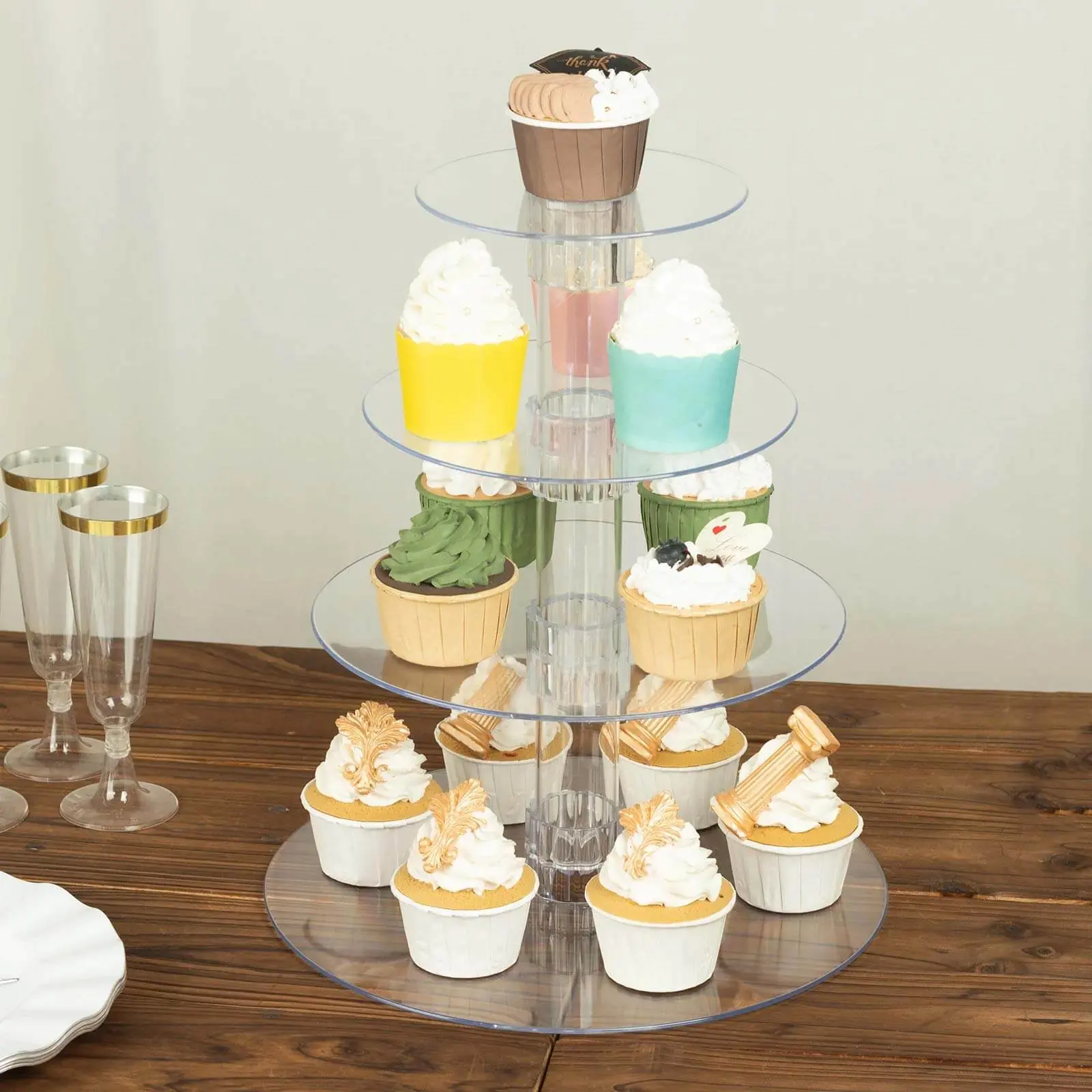 4-Tier Acrylic Round Cupcake Stand 14" Clear - Heavy Duty Reusable Dessert Tower Holder Pastry Display with Film Sheets for Special Events & Catering Displays