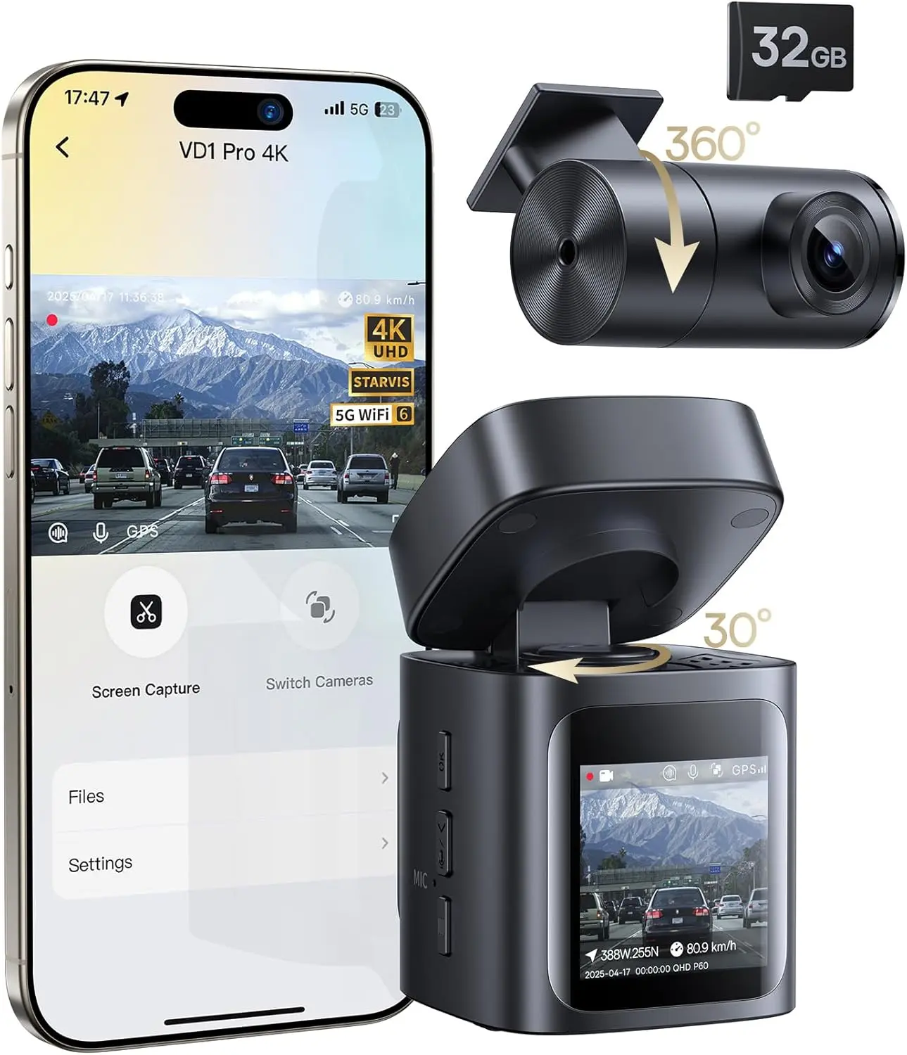 Baseus VD1 Pro Solar Dash Cam Front and Rear, 4K+1080P Dash Camera for Cars, Battery Powered Parking Mode, Starvis Night Vision, 32 GB Card Included, 5GHz WiFi, GPS, Wide Angle,Voice Control