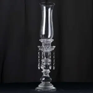 Crystal Glass Hurricane Candle Taper Candlestick Holder 20" - Decorative Piece With Chandelier Chains