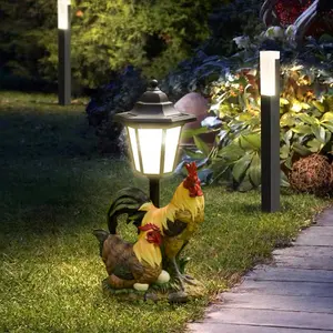 Solar Rooster/Dog Design Garden Light Resin Animal Statue with Solar Light Decor Outdoor Chicken Figurines Decorations with Lantern for Patio Yard Backyard