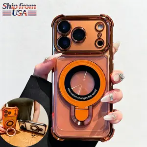 Trendy Clear Shockproof Bumper Soft TPU Phone Case with Sticky Bracket Stand for iPhone 17 Pro Max 11-16 Plus Four-Corner Airbag Electroplated Thin Transparent Protective Cover Anti-Drop Protection Support Magsafe