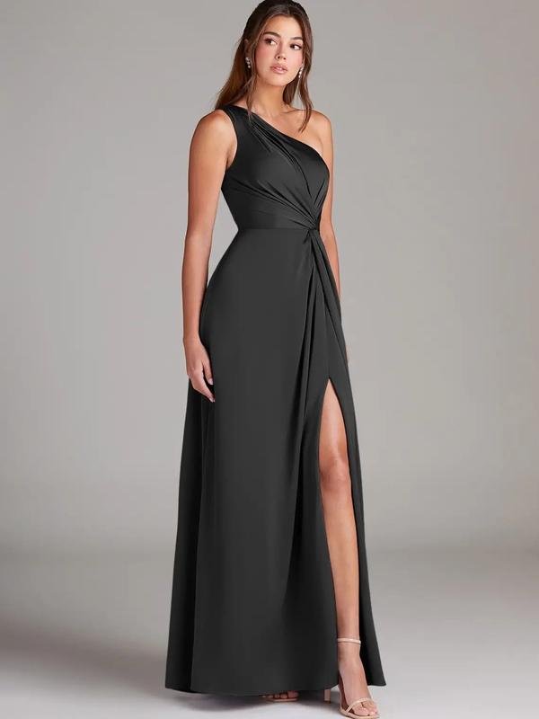 Azazie Brooke One Shoulder Pleated Knot Slit A-line Bridesmaid Wedding Ceremony Stretch Satin Dress