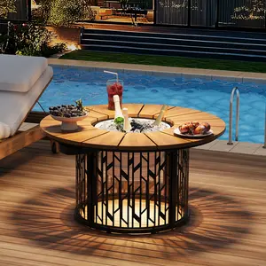 ONBRILL Outdoor Solar-Light Coffee Table with 3.3 Gallon Ice Bucket, 31.5 Inch Patio Cooler CoffeeTable with Led Light, HDPS Round Side Table with Metal Base for Outside, Porch, Backyard