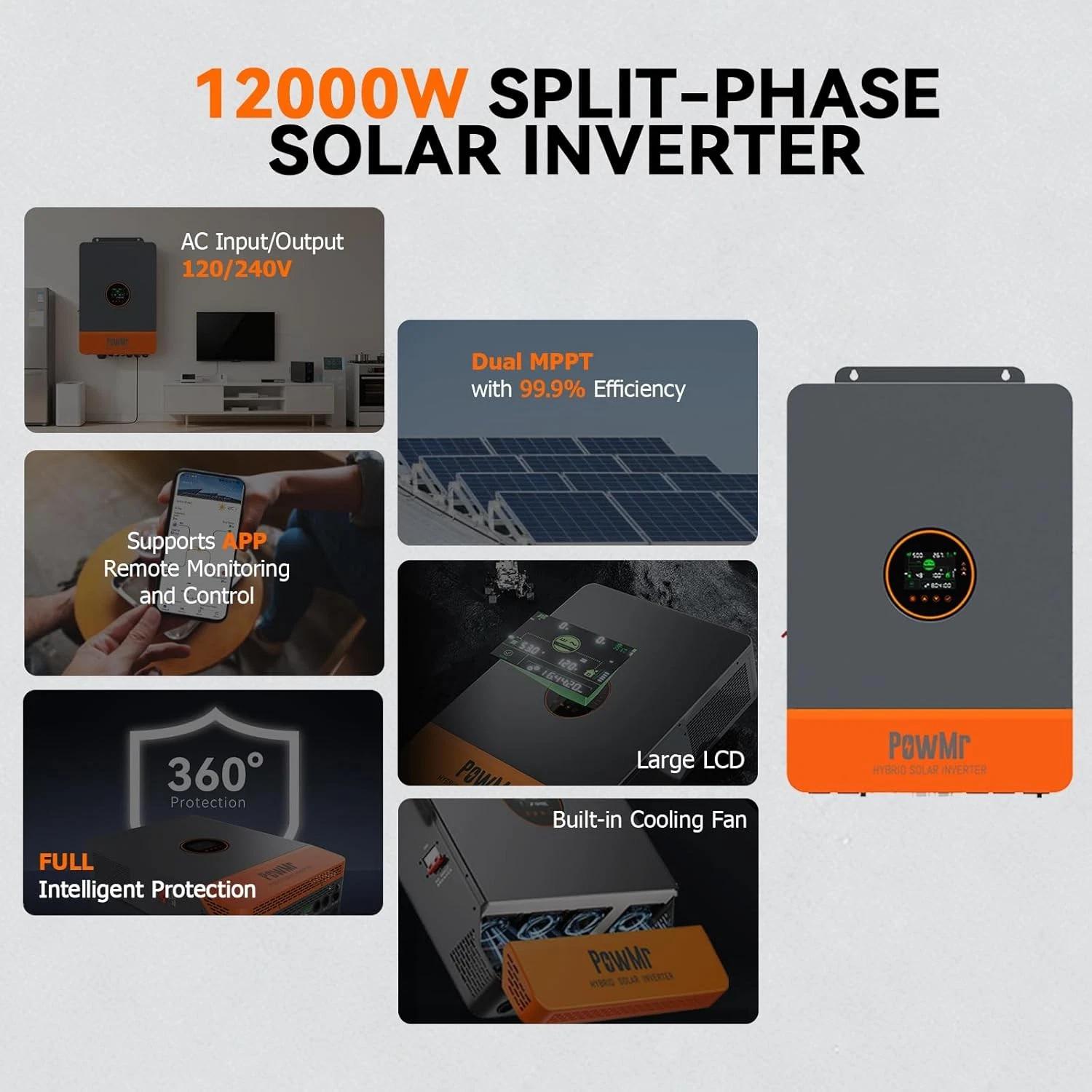 PowMr 12KW Split Phase Pure Sine Wave Hybrid Solar Inverter - 48V to 120/240V AC, UL1741 Listed, 200A MPPT Charge Controller (mppt control), Parallel Capable, for Lead Acid & Lithium Batteries, User-Definable Settings