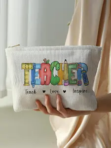 Letter Pattern Corduroy Makeup Bag, Casual Lightweight Multi-functional Zipper Cosmetic Bag, Casual Versatile Pouch for Women & Girls, for Student Teacher, Makeup Storage Bag, Makeup Organizer Pouch