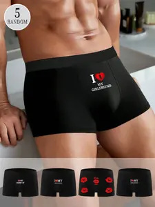 5 Random Pack: Men's "I LOVE MY GIRLFRIEND" Fun Sexy Boxer Briefs, Heart Print Boxers, Medium Elasticity, Polyester Spandex Knit Fabric, Men's Fashion Playful Underwear Set, Valentine's Day Gift