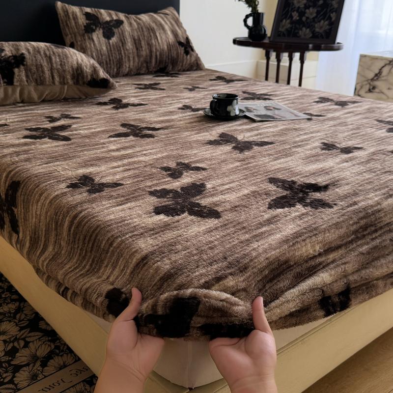 Faux Rabbit Fur Leopard, Tiger & Butterfly Fitted Sheet 3-Piece Set – Luxurious, Soft & Warm Solid Color Bedding, Premium Set (Includes 1 Fitted Sheet + 1/2 Pillowcases), All-Season, Perfect for Bedroom, Dorm, Sofa, Cozy Christmas Gift