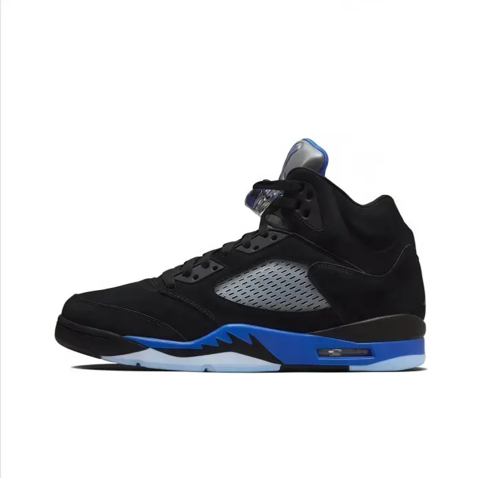 High top basketball sneakers black suede upper gray mesh royal blue midsole air cushion translucent outsole bold street fashion breathable structure all occasion wear unisex stylish athletic footwear