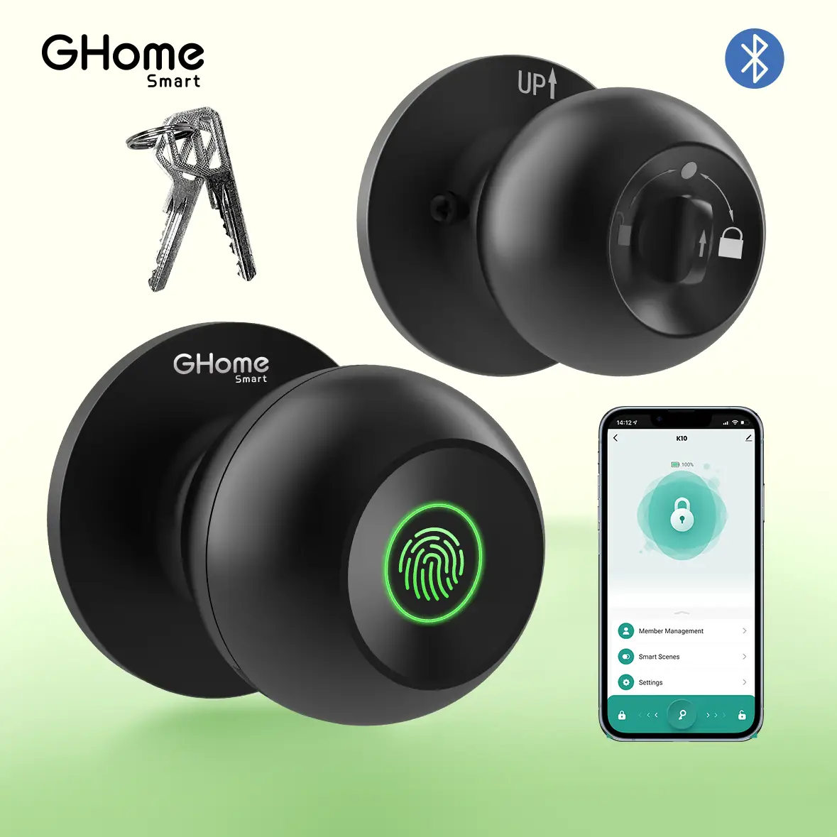 GHome Smart 3 in 1 Door Knob Fingerprint Lock for Bedroom App Control Rechargeable Electronic Biometric Door Lock with Bluetooth & 400mAh Battery K10