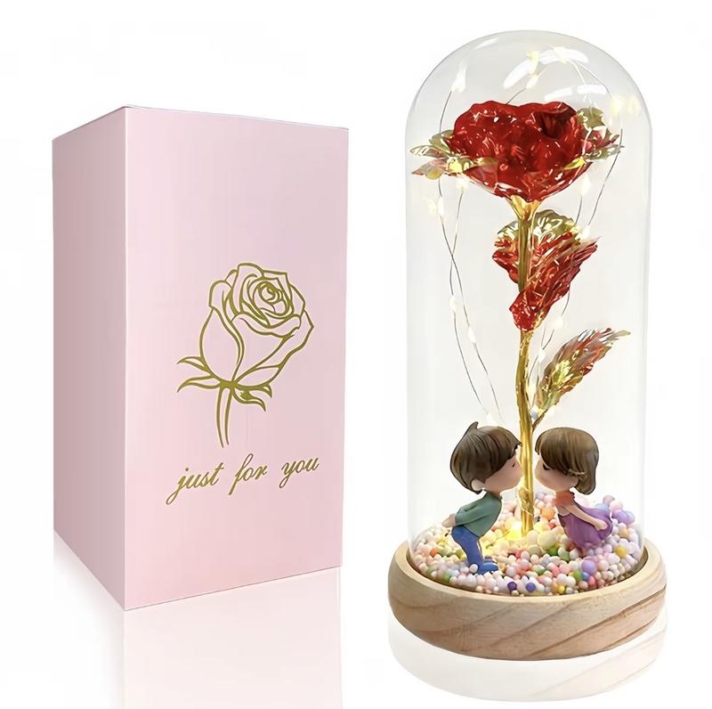 Valentine's Day simulation gilt roses, creative wooden base glass cover with couple dolls, colorful foam balls, AA battery power supply, gift box packaging suitable for Valentine's Day gifts, romantic night lights in home bedrooms