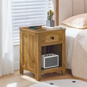 HOOBRO 60.5'' H Nightstand with Charging Station, 2 AC Outlets, 1 USB-A & 1 Type-C Port, 1 Drawer & Open Compartment, End Table, Side Table, for Bedroom & Living Room, Light Brown#SpringSale #BigSpringSale