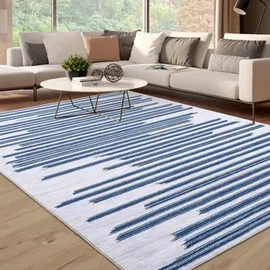 【GARVEE】Area Rug 9x12 Large Rug for Living Room Bedroom Modern Berber Stripe Area Rug Non Slip Non Shedding Rug Indoor Floor Cover Throw Accent Rug, Cream/Blue