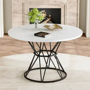 47.3" Round Dining Table for 4-6, Modern Industrial Marble Pattern Top & Black Hourglass Base, Small Space Kitchen Living Room, White+Black