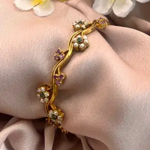 24k gold plated bangle/ bracelet with multicolored stones. PMB45. Sz 2.6