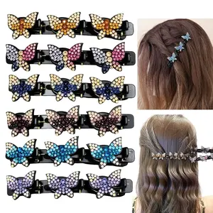 2pcs/6pcs Butterfly Hair Clips with Rhinestones, Dual-Layer Fixed Braided Hair Accessories, Stylish One-Row Hair Claws for Women