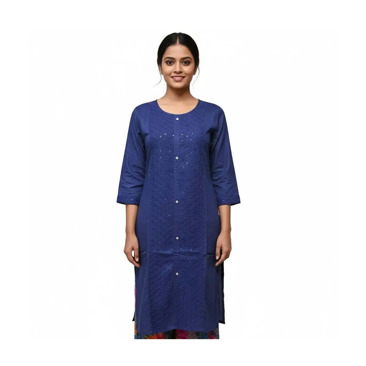 Floral Cotton Kurti Dress Top with Embroidered Yoke & Bell Sleeves Navy A-line Soft Cotton for Casual & Festive Wear All Seasons