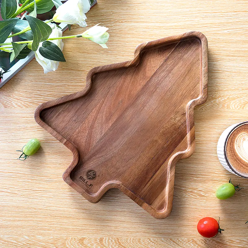 Thai acacia wood Christmas tree serving platter, 32×27 cm tree-shaped wooden snack tray, charcuterie board with raised edge for xmas party, holiday food styling decor, christmas housewarming gift